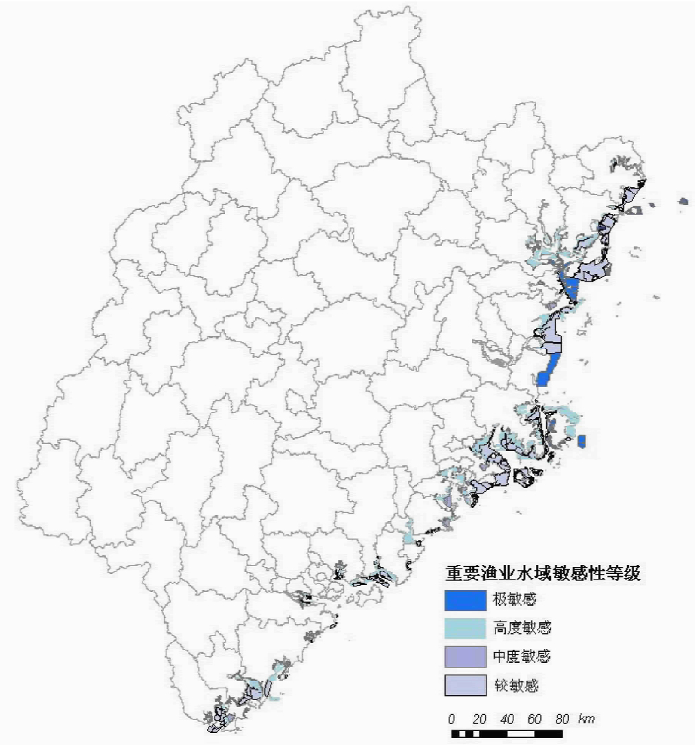 图7 福建省近岸海域重要渔业水域敏感性评价图